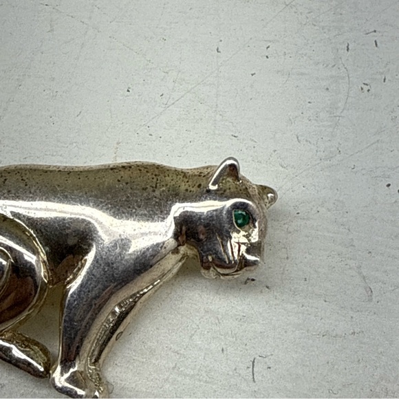 VTG Sterling Silver Emerald Eye Lion Panther Leopard Jaguar Kitty Cat Brooch Pin - Picture 5 of 6